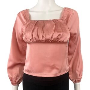 Beautees Silky Smocked Peasant Crop Top Puff Sleeve Blouse Cottagecore Fairy S